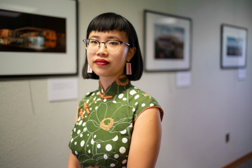 Dorcas Tang in a green dress